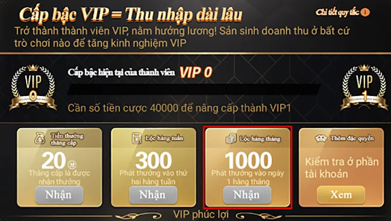 Thăng cấp VIP càng cao - Lộc hàng tháng càng nhiều