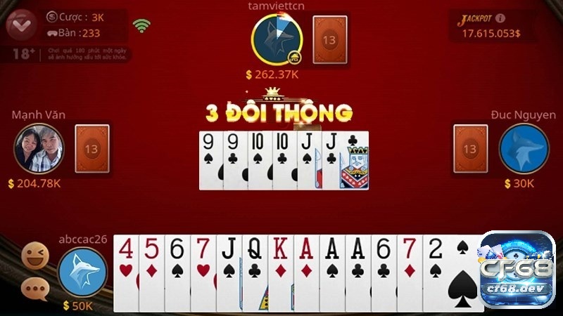 3 đôi thông gồm đôi 9 - đôi 10 - đôi J trong game đánh bài tiến lên miền nam